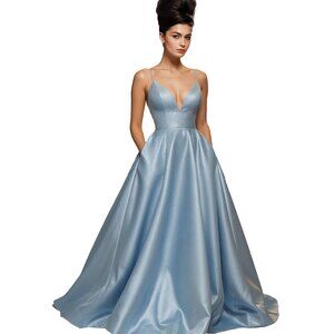 Sherri Hill Blue Crystal Prom Gown Size 18 w/ Pockets & Corset Back